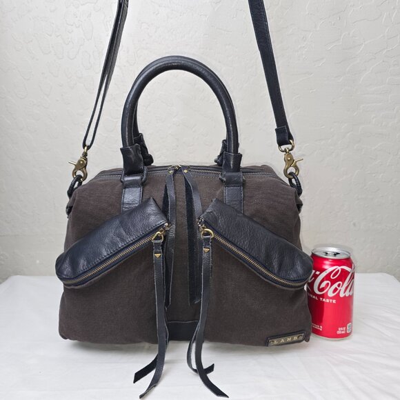 L.A.M.B Gwen Steffani Gray Canvas & Black Leather Crossbody Pocket Satchel - Picture 2 of 13